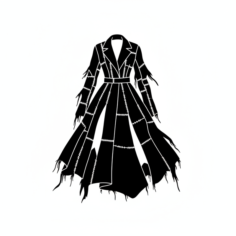 black and white only, no color, square vector icon canvas, Editorial fashion vector illustration for “Reclaim,” deconstructed garment silhouette reconstructed from mismatched panels with visible seams and raw edges, runway deconstruction aesthetic, strong use of negative space, flat vector style, contemporary fashion-zine language inspired by i-D magazine, black and white only, square vector icon canvas, centered composition, identical scale and visual weight across all four icons, no text, white background